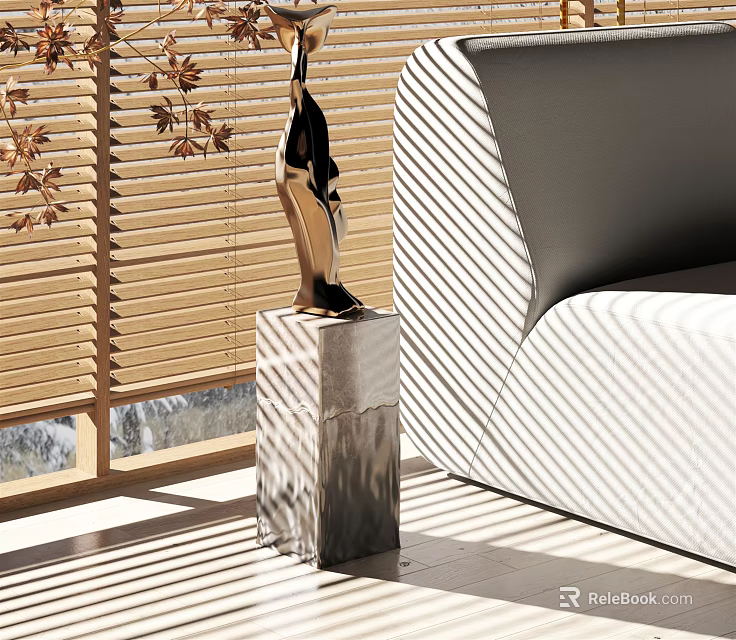 Metallic Sculpture Carving On Marble Pedestal In Modern Interior With Sofa And Natural Light 3d model 
