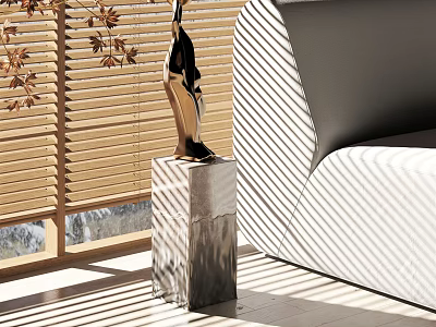 Metallic Sculpture Carving On Marble Pedestal In Modern Interior With Sofa And Natural Light 3d model