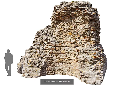 Ancient Castle Wall Ruins Historical Stone Structure With Medieval Remains And Human Silhouette 3d model