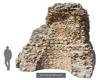 Ancient Castle Wall Ruins Historical Stone Structure With Medieval Remains And Human Silhouette 3d model