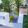 Residential Landscape Featuring Wooden Deck White Umbrella Seats And Green Garden Plants