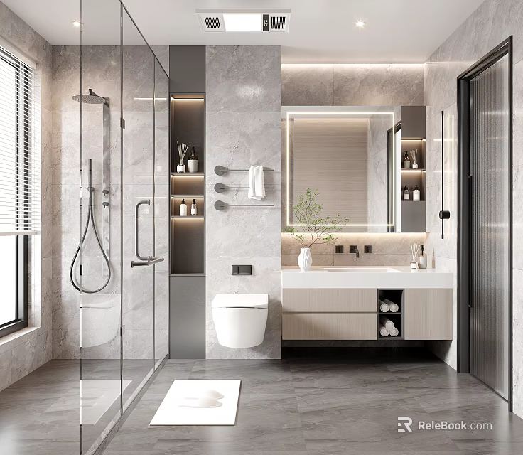 Modern Bathroom Interior With Glass Shower Marble Walls Vanity With Mirror And Wall Mounted Toilet 3d model 