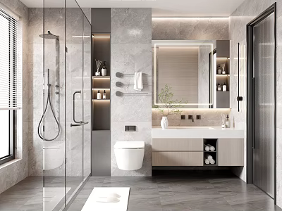 Modern Bathroom Interior With Glass Shower Marble Walls Vanity With Mirror And Wall Mounted Toilet 3d model