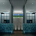 SPA Sauna Interior Featuring Circular Glass Structure Green Plants Blue Tiled Walls And Ceiling Lights