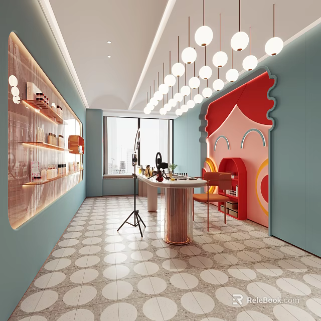 Public Office Space With Light Blue Walls Round Pendant Lights And Red Decorative Wall 3d model 