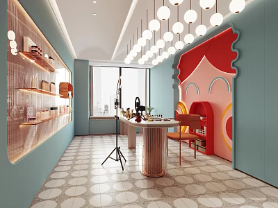 Public Office Space With Light Blue Walls Round Pendant Lights And Red Decorative Wall 3d model