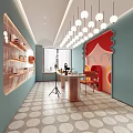 Public Office Space With Light Blue Walls Round Pendant Lights And Red Decorative Wall