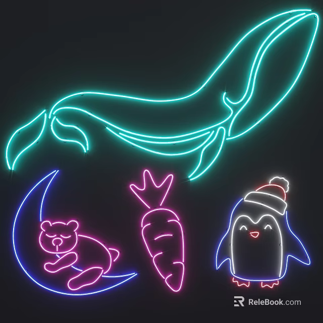 Colorful Neon Decorative Lights With Whale Moon Bear Carrot Penguin Shapes For Room Decor 3d model 