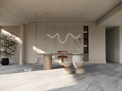 Modern Study Room Interior With Wooden Desk Comfortable Chair Hanging Lamp And Green Plant 3d model