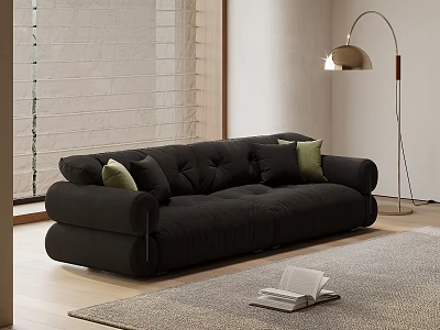 Black Large Sofa With Green Cushions In Living Room With Floor Lamp And Rug 3d model