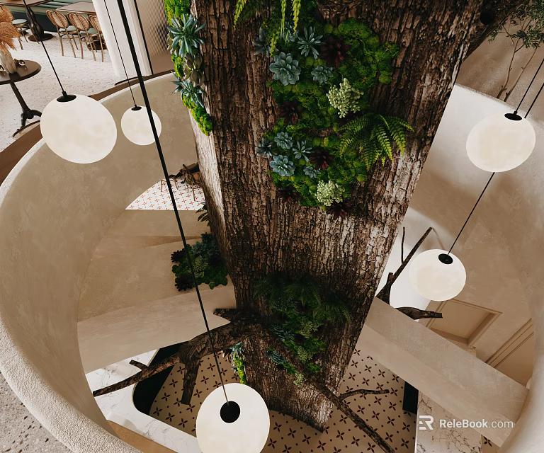 Lounge Area Interior With Large Tree Decor Hanging Pendant Lights And Open Space Design 3d model 