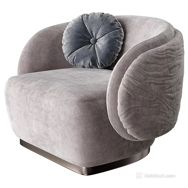 Modern Luxury Gray Velvet Single Seater Sofa with Tufted Pillow Carved Armrest and Metal Base 3d model 