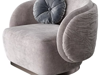 Modern Luxury Gray Velvet Single Seater Sofa with Tufted Pillow Carved Armrest and Metal Base 3d model