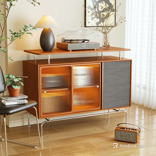Wooden Console Cabinet Featuring Glass Doors Metal Legs Table Lamp And Green Plants 3d model 