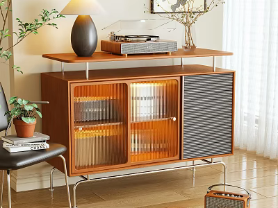Wooden Console Cabinet Featuring Glass Doors Metal Legs Table Lamp And Green Plants 3d model