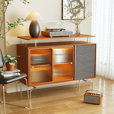 Wooden Console Cabinet Featuring Glass Doors Metal Legs Table Lamp And Green Plants 3d model