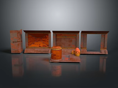 Modern Kitchen Equipment Display With Cabinets Refrigerator Storage Jars And Fruits 3d model