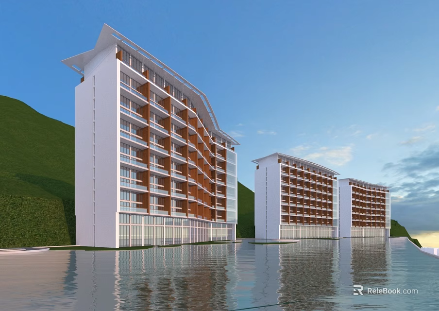 Modern Waterfront Hotel Building With Multi Story White Brown Facade And Mountain View 3d model 