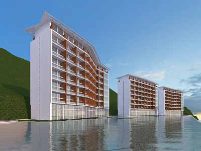 Modern Waterfront Hotel Building With Multi Story White Brown Facade And Mountain View 3d model