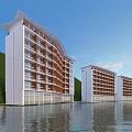 Modern Waterfront Hotel Building With Multi Story White Brown Facade And Mountain View