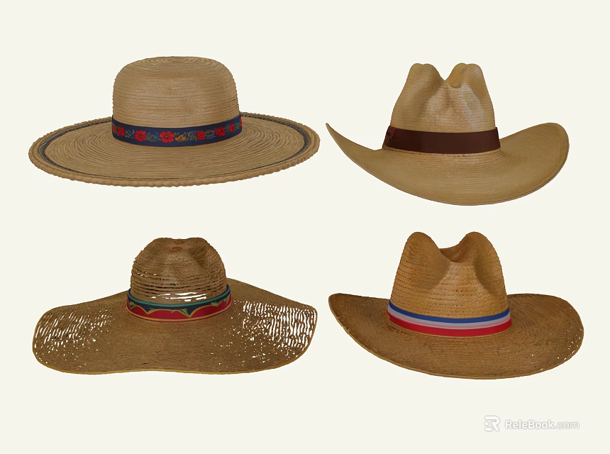 Fashionable Straw Hats With Wide Brim And Colorful Decorative Bands Design 3d model 