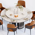 Elegant Modern Round Dining Table Set With Marble Top Brown Chairs And Tableware Decorations 3d model