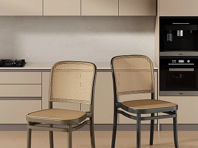 Woven Light Colored Leisure Chairs in Modern Kitchen with Metal Frame and Cabinets 3d model