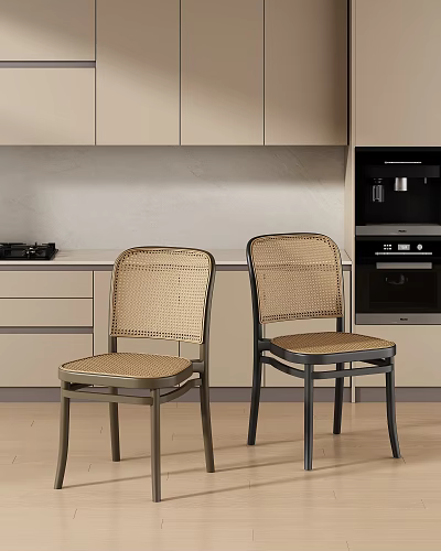Woven Light Colored Leisure Chairs in Modern Kitchen with Metal Frame and Cabinets 3d model