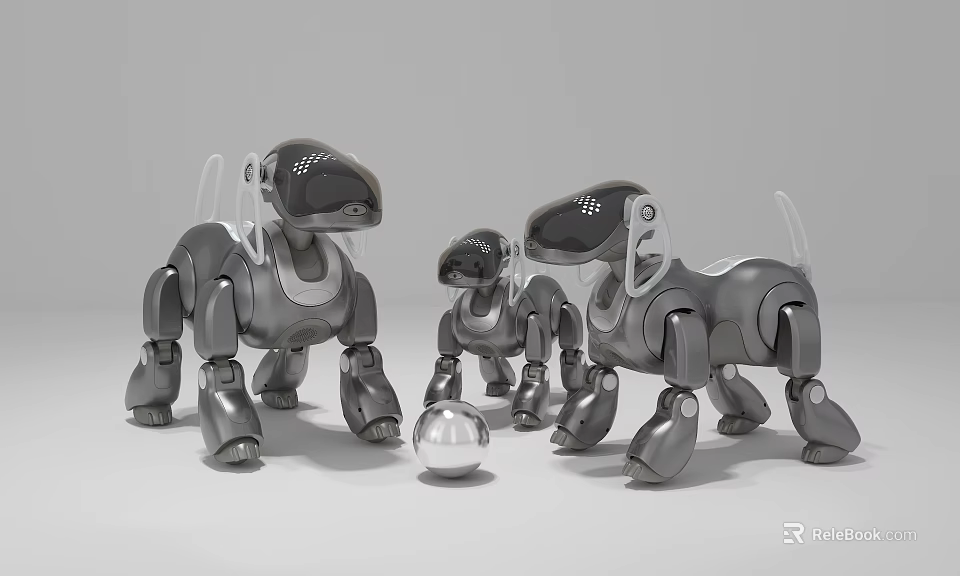 Robot Dog Dolls In Three Different Sizes With Silver Metallic Look And A Ball 3d model 