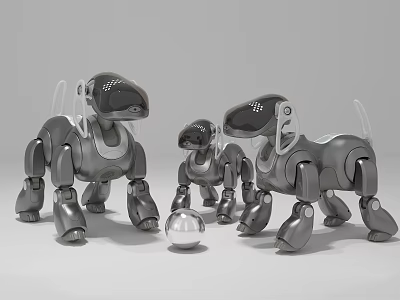 Robot Dog Dolls In Three Different Sizes With Silver Metallic Look And A Ball 3d model