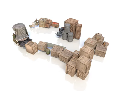 Essential Household Supplies Including Wooden Boxes Barrels Oil Drums And Tent 3d model