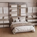 Modern Furniture Store Bedroom Display With Bed Pillows Blankets And Linen Shelves
