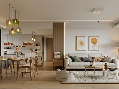 Modern Living and Dining Room Interior With Pendant Lights Sofa And Decorative Paintings 3d model