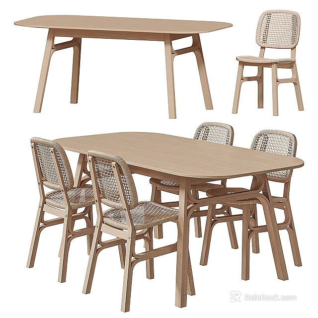 Modern Wooden Dining Table Set With Four Chairs Featuring Woven Backrest Design 3d model