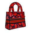 Stylish Handbag With Red And Blue Floral Pattern Double Handle Black And Red Striped Accent