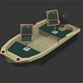 Detailed Small Boat Model With Green Seats Blue Motor And Beige Wooden Floor