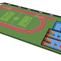 Green Turf Football Field With Red Running Track And Adjacent Blue Orange Basketball Courts