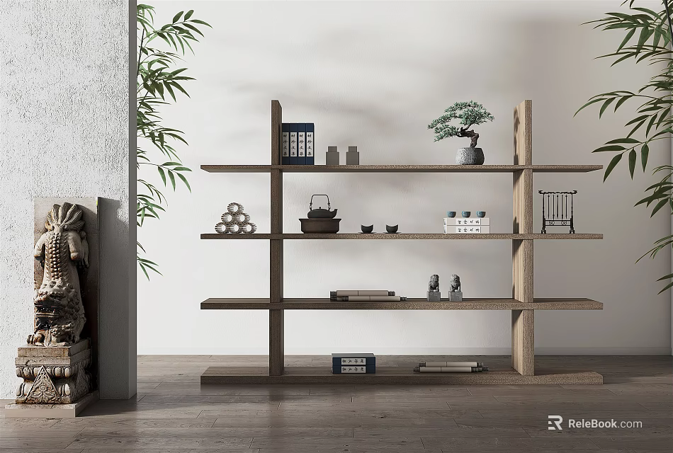 Wooden Shelving Unit in Modern Living Space with Books Teapot Decorative Items and Potted Plant 3d model 