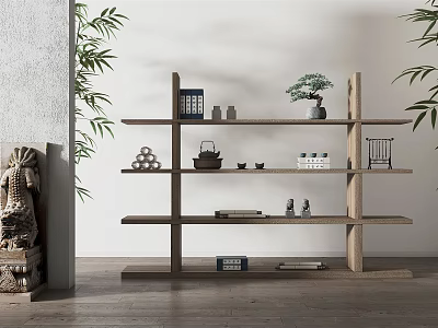 Wooden Shelving Unit in Modern Living Space with Books Teapot Decorative Items and Potted Plant 3d model