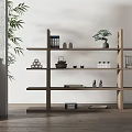 Wooden Shelving Unit in Modern Living Space with Books Teapot Decorative Items and Potted Plant