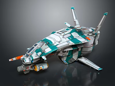 Sci-Fi Spaceship 3D Model With Green White Color Wings And Thrusters 3d model