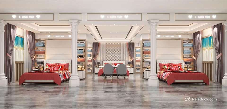 Elegant Bedroom Furniture Store with Red Beds Pillows Bookshelves and Chairs 3d model 