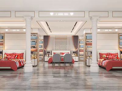 Elegant Bedroom Furniture Store with Red Beds Pillows Bookshelves and Chairs 3d model