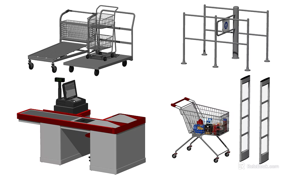 Retail Store Reception Desk Featuring Cash Register Shopping Carts and Security Gates 3d model 