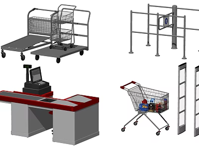 Retail Store Reception Desk Featuring Cash Register Shopping Carts and Security Gates 3d model
