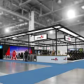 IRONMAN Exhibition Booth With Black Frame Red Backdrop Reception Counter And Blue Carpet