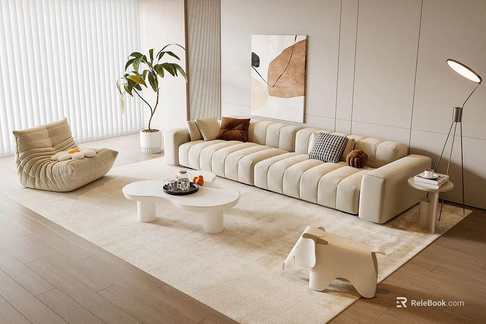 Minimalist Modern Sofa Coffee Table Set with Cushions Green Plant and Rug in Living Room 3d model 