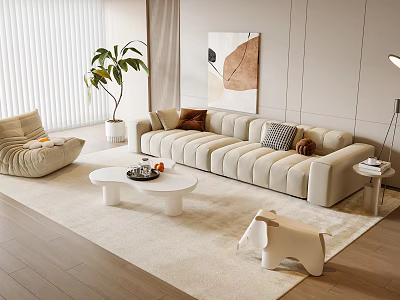 Minimalist Modern Sofa Coffee Table Set with Cushions Green Plant and Rug in Living Room 3d model