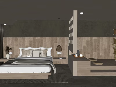 Modern Hotel Room Interior With Wooden Wall Panel Cozy Bed And Hanging Lamp 3d model