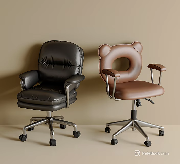 Office Chairs With Black Brown Leather Bear Head Design Armrests Wheels And Metal Base 3d model 